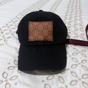 Upcycled Vintage Style Black Hat w Gucci GG Patch Distressed NWOT